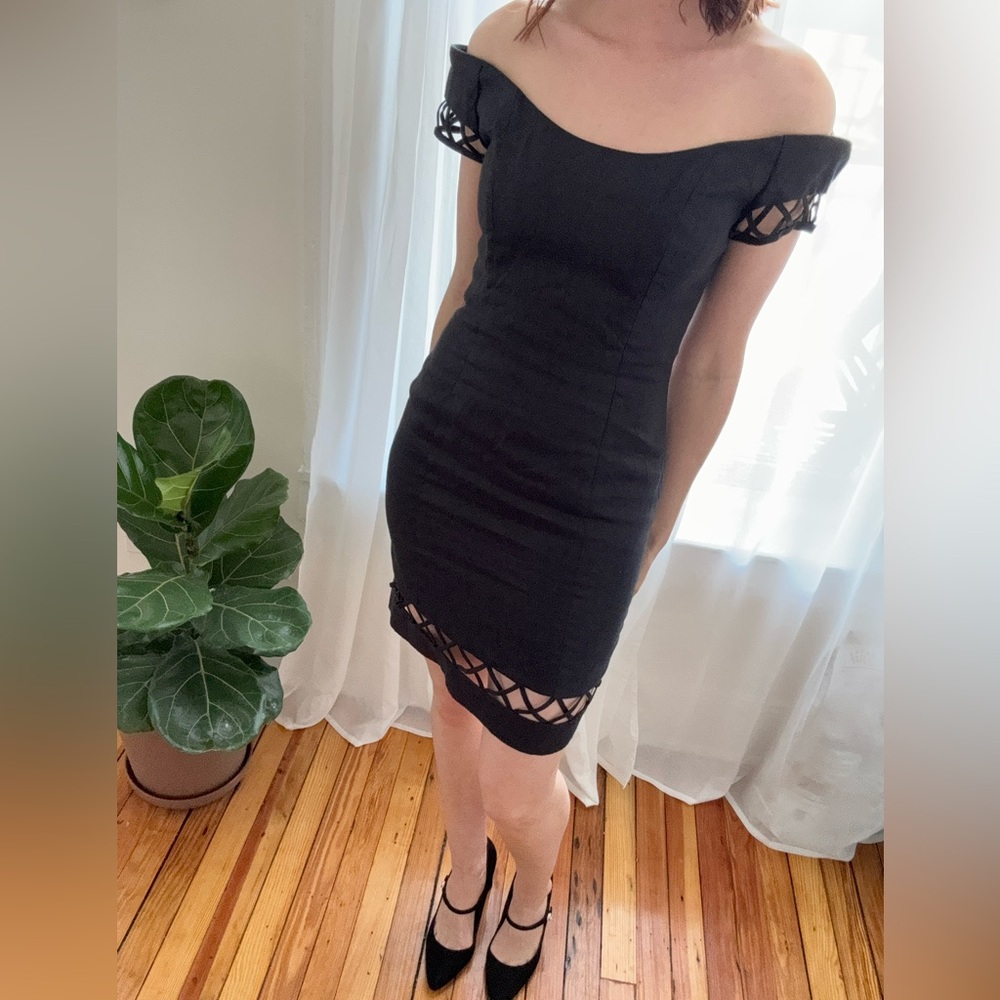 Vintage 90s Nicole Miller cocktail dress - off the shoulder linen lattice